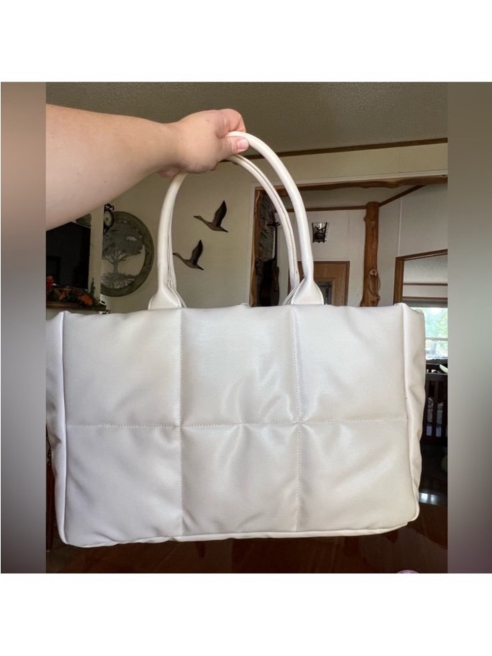 Ulta Cream Puffer Tote Bag Handle Large Off-White Beige Purse